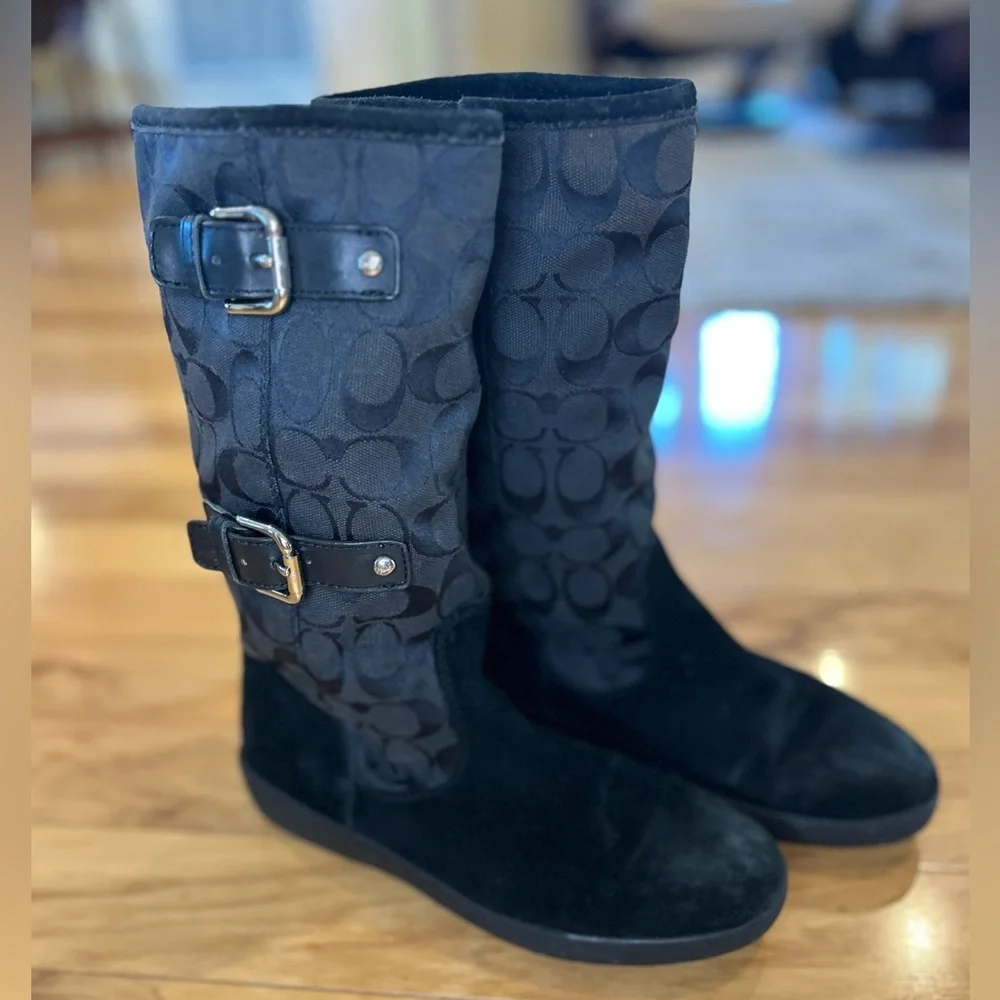 Coach Tinah Black Signature Suede Buckle Boots Mid-Calf Winter Lined 7B